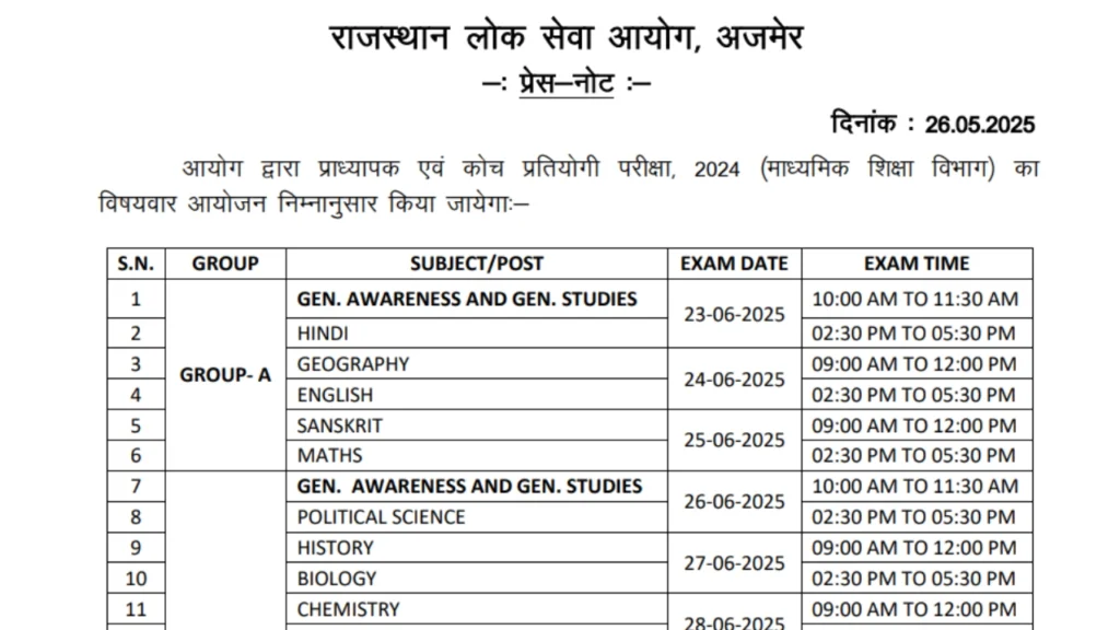 RPSC 1st Grade Exam Date 2025